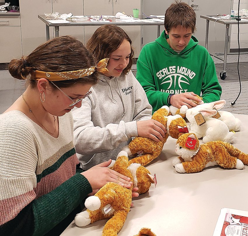 A pet safety class was held at Scales Mound High School in late April. From left, Zoie Koehler, Rori Distler, and Aidan Soppe practice chest compressions on stuffed cats.