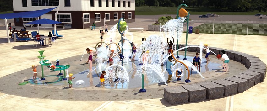 A rendering of the proposed splash pad at the Alice T. Virtue Memorial Pool.