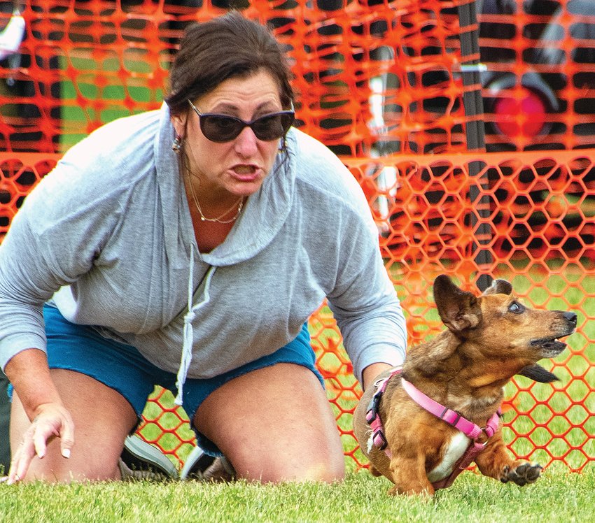 Wiener dog races draw large crowds and passionate wiener dog owners during Galena Oktoberfest sponsored by the Galena Lions Club as can be seen from the 2021 event.
