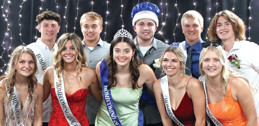 The king and queen of East Dubuque Homecoming pose with their court. They are, back, from left, Parker Shireman, Colin Sutter, Trey Bowman (king), Jacob Lange, Liam Thumser; and front, from left, Hannah Lehnhoff, Ella Runde, Emily Gockel (queen), Milli Huntington and Camryn Strauser.