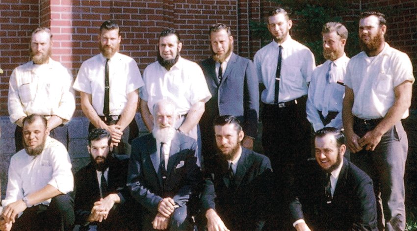 In 1964 the Menominee BVM Parish celebrated its centennial. Members of the parish grew beards to celebrate the event. They are, from left, Vernon Wubben, Leonard Ricke, Dick Runde, Cy Schulting, Norbert Averkamp, Ed Handfelt and Ken Hilby; and front, from left, Bob Fleege, Dave Becker, Albert Becker, Wilmer Averkamp and Don Budden.