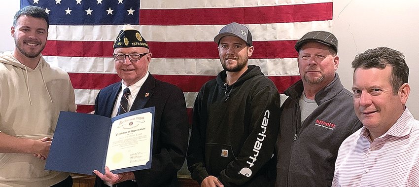 On Nov. 1 American Legion Post 193 Commander Jerry Howard presented the Galena Elks officers with a certificate of appreciation for the organization&rsquo;s continued support this year of veterans, youth and community. Participating in the presentation are, from left, Tyler Long exalted ruler; Jerry Howard; Luke Einsweiler, leading knight; Jeff Klein, lecturing knight; and Gavin Doyle, loyal knight.