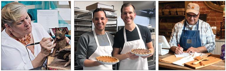 Left: Maire McDonough works on carving a woodland critter. Contributed photo. Middle: Alex and Geoff Arroyo-Karnish hold up pies made for their Thanksgiving meals. Murphy Obershaw photo. Right: Paul Pendola is the artist behind Galena Spoon Company. Contributed by Galena Country Tourism