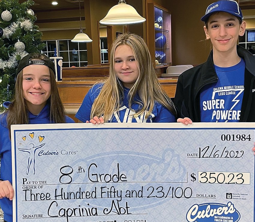 Galena Culver&rsquo;s hosted a share night on Dec. 6 for the Galena Middle School eighth-grade class. Participating in the check passing for $350.23 are, from left, Ava Engle, Lily Bussan and Lex Abt.