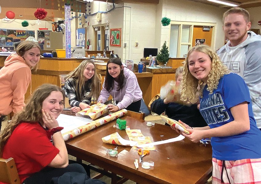 The Galena High School Key Club&rsquo;s recent service project involved wrapping Christmas presents for community members. Helping wrap presents are, front left going clockwise, Samantha Wienen, Alyssa Wienen, Jayme Frank, Violet Doyle, Keaton Bauer and Addison Zmich. Key Club advisors are Susan Bookless and Katie McIntyre.