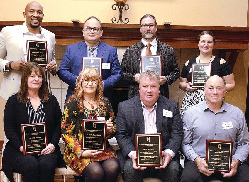Highland Community College Distinguished Alumni Award recipients include, back, from left, Antwon Harris, D. Antonio Cantu, Michael Maher, Brittany Blomberg; and, front, from left, Connie Kraft, Barbara James, Fred Bonnet, Dave Bergemann.