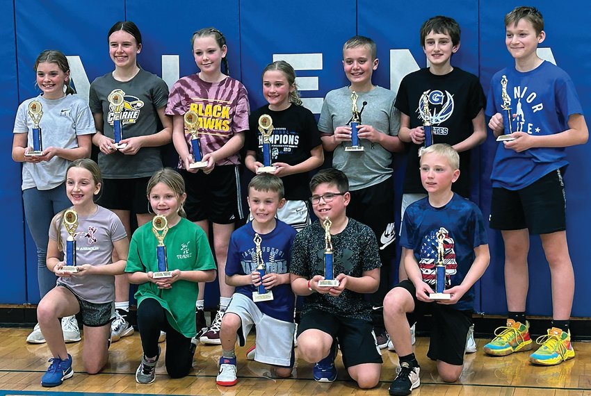 First and second place winners from The Galena Elks Annual Lodge Hoop Shoot Contest received trophies for their accomplishments. Back from left: Natalie Heiar, Kenley Patterson, Lilly Jordan, Kaitlyn Watson, Emmett Patterson, Brycen Sincock and Khai Ellsworth. Front from left: Aubrey Peterson, Sidney Meusel, Kolby Wall, Braxton Temperly and Caden Schultz.