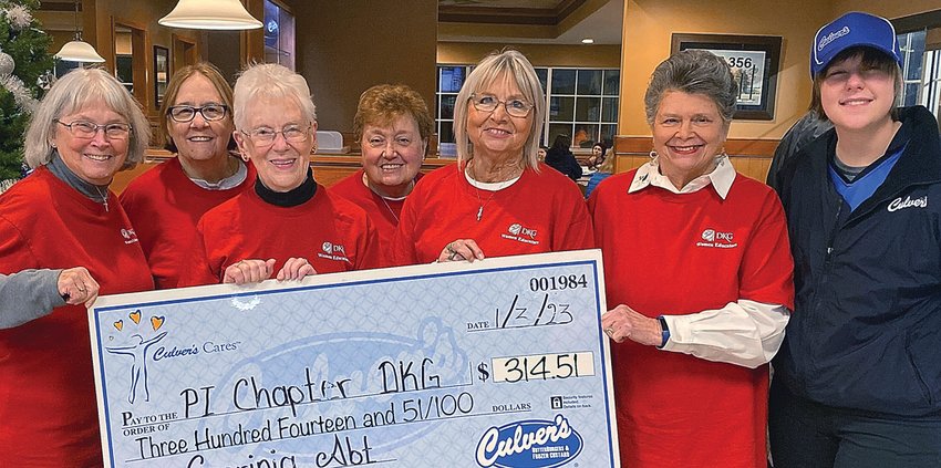On Tuesday, Jan. 3, Culver&rsquo;s hosted Pi Chapter of Delta Kappa Gamma for the first Share Night of 2023. With about $60 left in cash donations, the group received $314.51. Participating in the check passing are, from left, Mary Stagner, Barb Rog, Edith Dwinnells, Joan Rog, Linda Mulholland, Jane Yoder and Audrey Wagner. Not available for the photo: Karen Sirgany.
