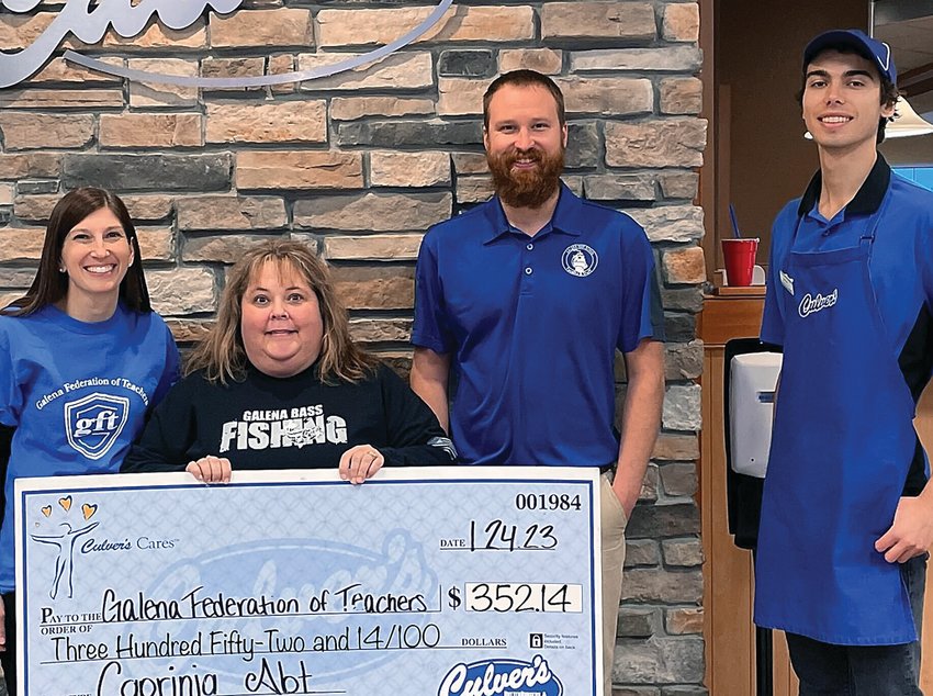 On Jan. 24, Culver&rsquo;s hosted a Share Night for the Galena Federation of Teachers. Participating in the check passing for $352.14 are, from left, Ashley Hoppenjan, Brooke Deppe, Paul Kluzek and Vince Langston.