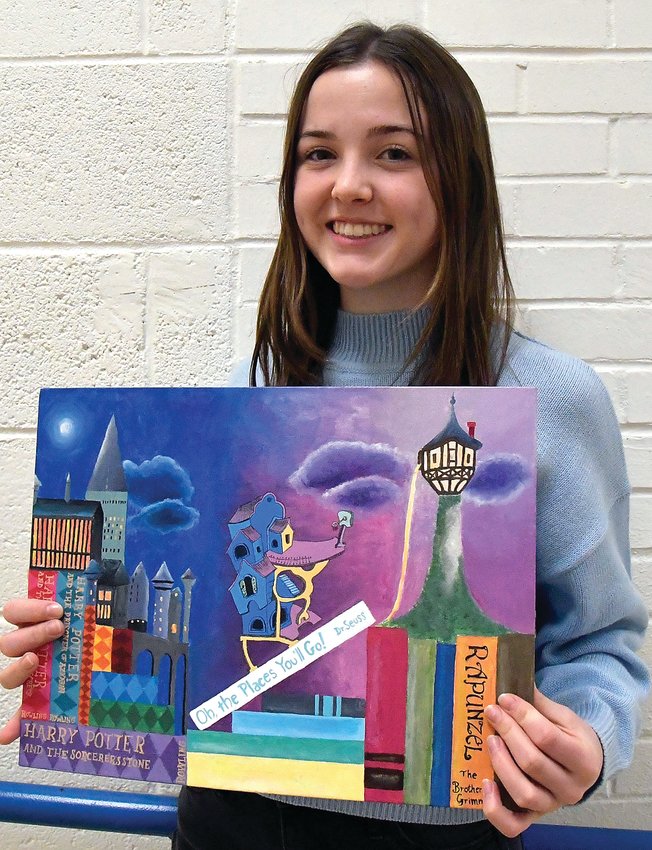Ayden Wells is the artist of the month at Galena High School. The senior is photographed with her acrylic painting entitled, &ldquo;Magical Places.&rdquo; The piece is an entry for the Euleila Art &amp; Poetry contest. The inspiration was to paint buildings that resonate with the specific artist. For Wells, those buildings are from her favorite movies and books. Choosing significant locations from J.K. Rowling&rsquo;s Harry Potter, Dr. Seuss&rsquo; Oh the Places You&rsquo;ll Go and The Brother Grimm&rsquo;s Rapunzel. Her favorite mediums to work with are acrylic paints and ceramics because it is versatile and allows her to tangibly bring her ideas to life. Art has been present throughout her life and she makes it, &ldquo;because it allows me to express feelings and ideas that I have in my head, and make them into an interpretive art piece that others can relate to.&rdquo; The independent art student is currently a member of the National Art Honor Society. Her teacher, Irene Thraen-Borowski runs the Galena chapter. Not only is her outstanding work recognized in the NAHS, but she also participates in service opportunities. Each NAHS member gives back to the community in art-related service acts. She said she will continue painting and participating in organizations that value art after high school.