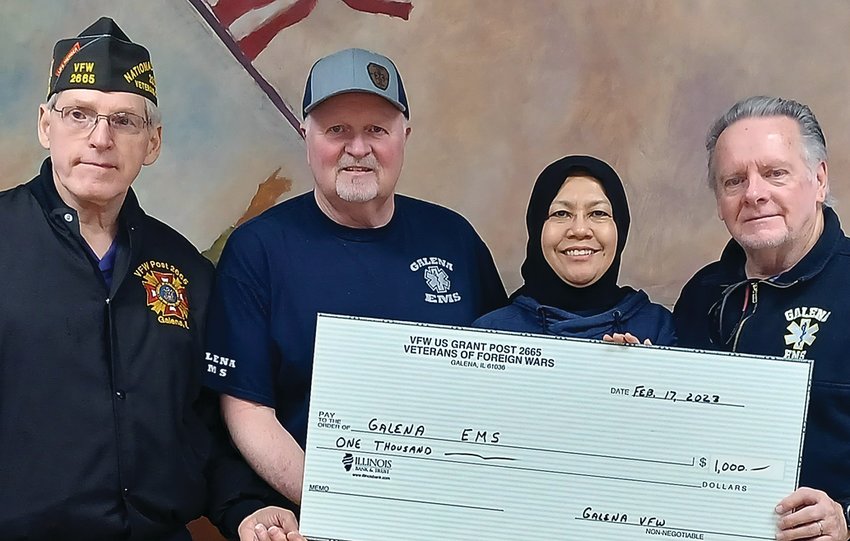 Galena VFW Post 2665 recently donated $1,000 to the Galena Area Emergency Medical Service District for new medical equipment. Participating in the check presentation are, from left, VFW Cmdr. George Petitgout, EMTs Glenn Harris and Aishah Aziz and EMS Coordinator Bill Bingham.