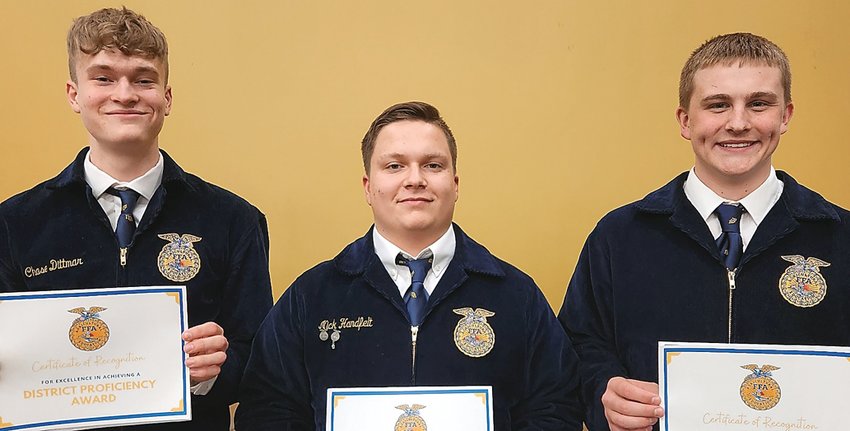 From left, Chase Dittmar, Nick Handfelt and Cooper Einsweiler are FFA District 1 proficiency award winners.