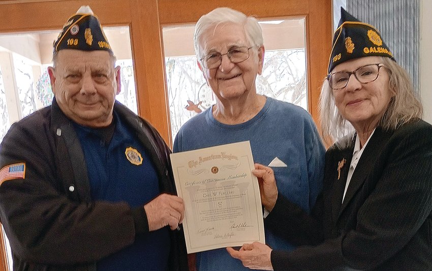 Carl Furlong received a 50 year continued service certificate. He embodies the ideals of The American Legion. He is a member of AL Post 193 in Galena. The award was presented by Chaplain Wohlers and Adjutant Slayton. From left, Chaplain Dale Wohlers, Carl Furlong and Valerie Slayton.