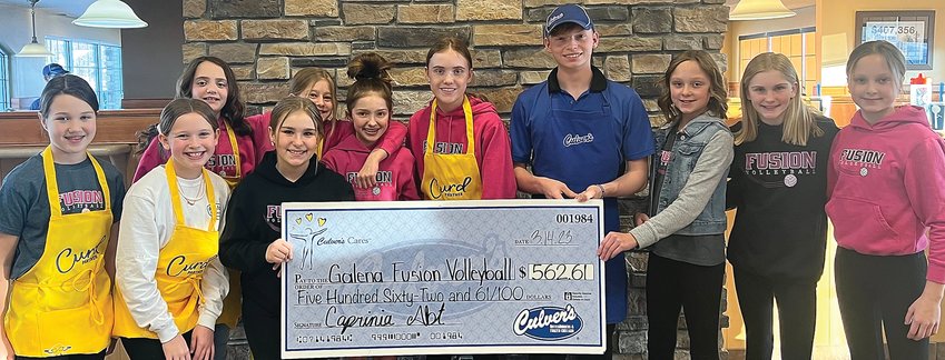 Tuesday, March 14 was Galena Fusion Share Night. With help from the Fusion Club Volleyball team and with over $150 in &ldquo;tips&rdquo; from the public, Culver&rsquo;s in Galena was able to donate $562.61 back to the team! From left, Lauren Ehrler, Paige Frank, Noelle Ottenhausen, Olivia Lincoln, Cameron Suess, Brecken Geary, Tristan Embry, Lola Scharpf, Chloe Braunreiter, Ava Lange and Olivia Braunreiter.