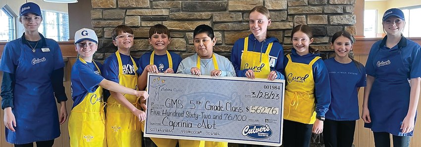 On Tuesday, March 28, Culver&rsquo;s had plenty of needed help from the fifth-grade class at Galena Middle School for their Share Night. With about $80 coming in cash from the community, they raised a total of $562.76 for the class! From left: Hannah Armon, John Issleb, Logan Farrey, Hayden Gates, Kendall Ruiz-Leon, Lola Scharpf, Brecken Geary, Alli Abt and Keara Embry.