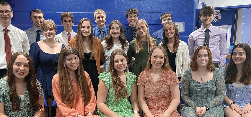 East Dubuque High School held its National Honor Society Induction Ceremony on Wednesday, March 29. New members were inducted and joined the current NHS members. Back row, from left: Jeremiah Haven, Trey Bowman, Carter Widmeier (*), Jacob Lange (*), Josiah Sullivan (*), Elijah Hamilton, Wil Quinn; middle row, from left: Maddie Heitkamp, Mia Wilwert (*), Lucy Roventine, Hailey Heiar, Isabel Stewart (*); front row, from left: Sydney Mulgrew (*), Erika Dolan (*), Emma Petitgout (*), Megan Anger, Keaira Funston (*), Emily Gockel. New members are indicated with an (*).