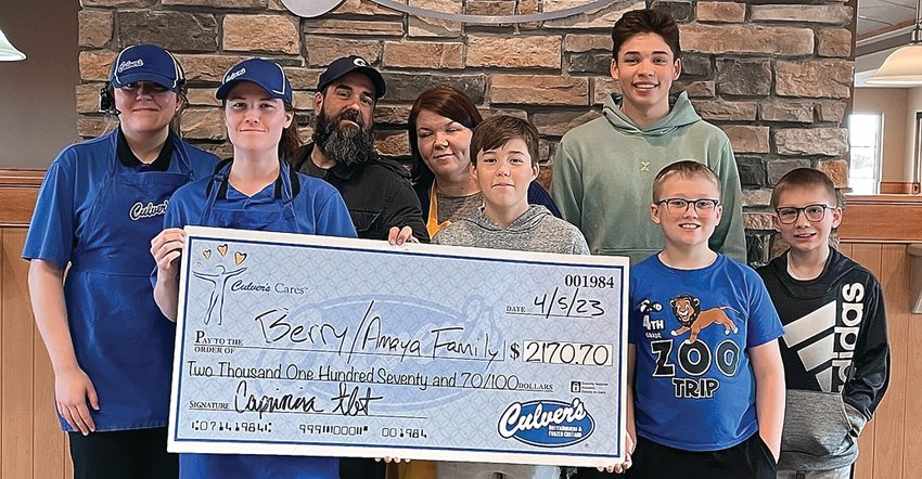 On Wednesday, April 5, Culver&rsquo;s hosted an all day Share Day that benefitted the Amaya/Berry family. The family lives in Galena and their house recently caught fire. With extra money left with lunch deliveries and left all day in the store collection, their cash donations were a little over $1,300 and a total of $2170.70 is going to the family. From left: Taidum Farster, Alliana Stines, Dane Berry, Kristina Berry, Ethan Amaya, Samuel Amaya, Layne Berry and Porter Berry.