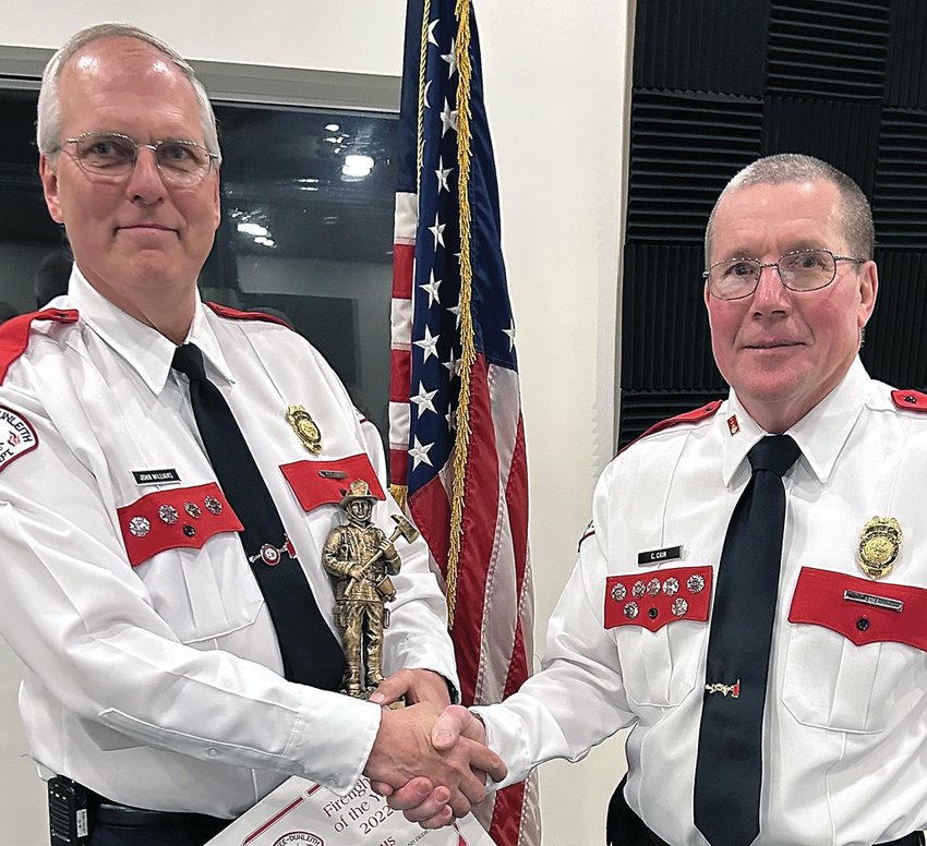 The Menominee-Dunleith Fire Department held it first awards banquet since the start of the COVID-19 pandemic at Lacoma Golf Course on March 25. Here, Second Assistant Chief John Williams, received the Firefighter of the Year Award from Chief Cal Cain. Cain noted that Williams received the award for his dedication and continued participation. Williams has been a member of the department since February 1994.  Some of his qualities, roles and duties with the department include heading up on the department&rsquo;s jaws of life, Emergency Rescue Technician, organizing drills, obtaining the cars used and leading the drills, and he is a senior EMT. Cain also said the Williams rarely misses a department function including meetings and drills. He also mentors new firefighters and works with them on a one-on-one basis.