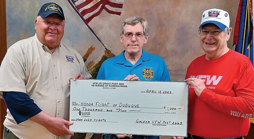 On Thursday, April 13, Galena VFW Post 2665 made a $1,000 donation for this year&rsquo;s Honor Flight of the Tri-states on Monday, May 22, and Tuesday, May 23. From left: Gary Dierick, VFW Cmdr. George Petitgout, Mich Mason.