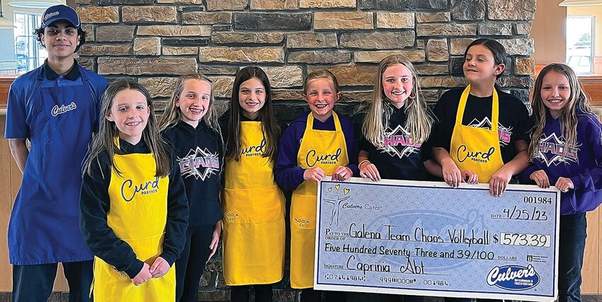 On Tuesday, April 25, Culver&rsquo;s hosted the Galena Team Chaos volleyball team as they helped run orders, clean tables, etc. Galena helped them out not only with their dinner sales, but also by leaving about $130 in &ldquo;tips&rdquo; for the team. From left: Jaydon Williams, Avery Conor, Aubrey Peterson, Maci Ehrler, Elyse Vincent, Kaitlyn Watson, Kylie Sites and Harper Berning.