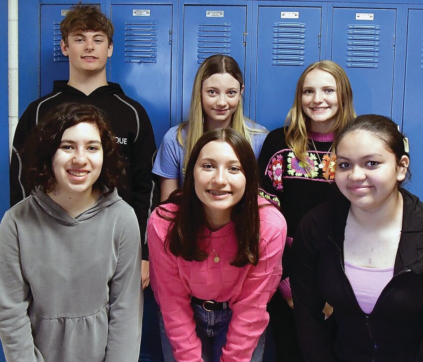 The freshman poet winners. Back row, from left: Gus Nack (second place), Kenzie Brown (honorable mention), and Emma Duncan (honorable mention). Front row, from left: Liliana Asta (first place), Violet Doyle (third place), and Daniela Bello-Yanes (honorable mention).