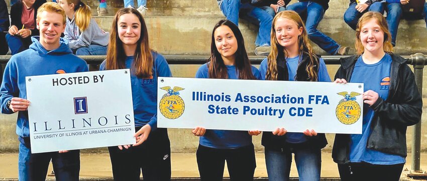 The five students after their fifth-place finish during the Poultry Judging Career Development Event. From left: Arthur Horn, Brynn Fry, Izzy Haring, Avery Engle and Bindi Boop.