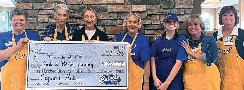 Galena Culver&rsquo;s hosted a Share Night for Friends of the Galena Public Library on Tuesday, May 9, and donated $375.57 Participating in the check passing are, from left, Jane Yoder, Mary Kay Holmes, Karen Johnson, Sharon Strahlman, Keara Embry, Karin Block and Barb Miller.