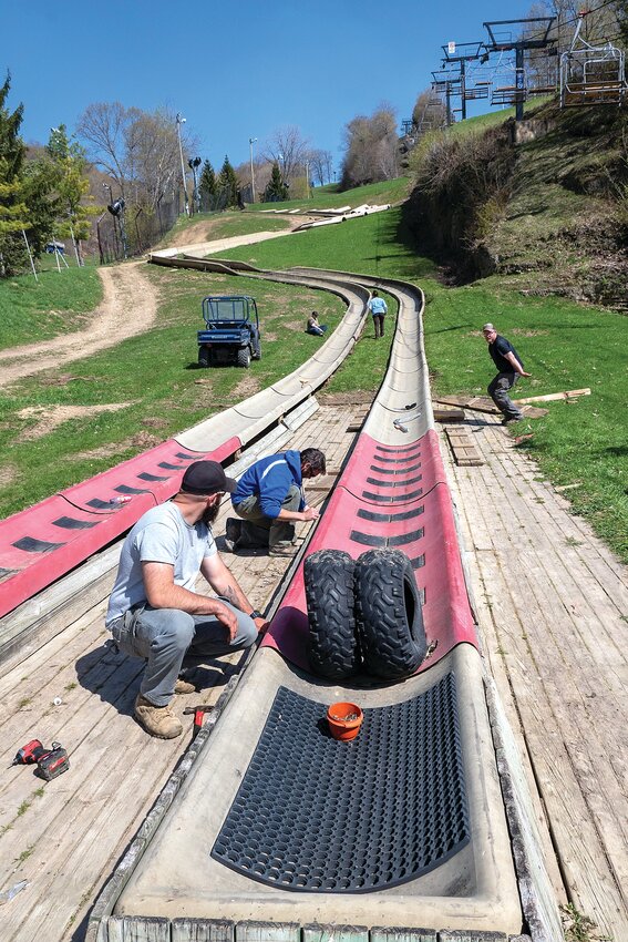 Workers at Chestnut Mountain Resort began the annual installation of its Alpine Slide a couple weeks ago. Originally installed in the Summer of 1979, the two-lane track has provided thousands of visitors with excellent views of the Mississippi and a thrilling ride down the slopes. Chestnut plans to open the slide Saturday, May 27, of Memorial Day weekend.