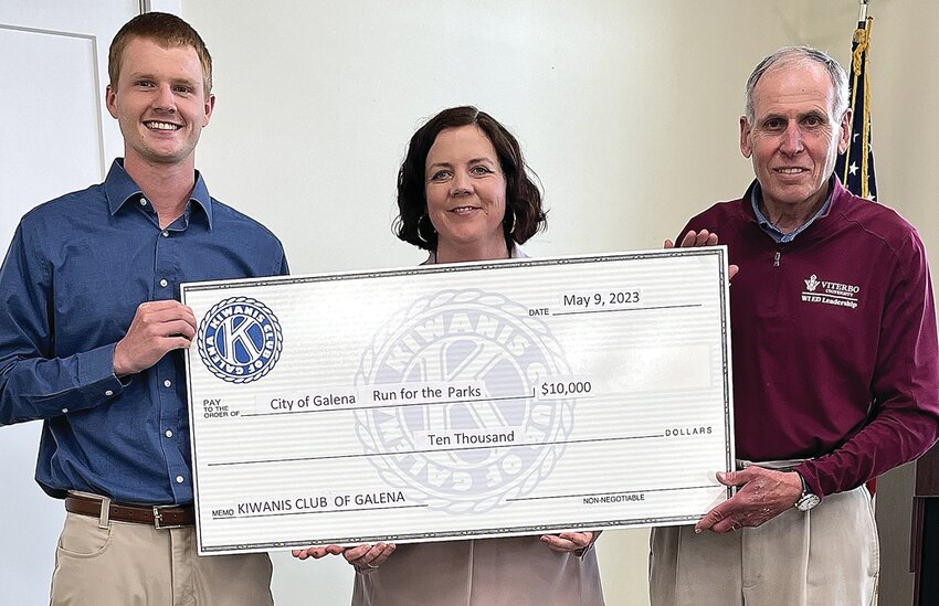 On Saturday, April 22 Kiwanis Club of Galena hosted the Annual Run for the Parks. Participants chose to run a 5k or 10k with all the profits of the fundraiser going to the City of Galena to assist with improvements to playground equipment for Bouthillier Park. On Tuesday, May 9 the club presented a $10,000 check to the city. From left: Club President Austin Gerlich, Hillary Dickerson, Galena Facilities Manager, and Bernie Ferry, Chairperson of Run for the Parks.