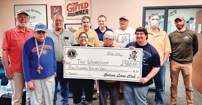 The Galena Lions Club recently provided a $500 donation to The Workshop to purchase supplies for educational classes. The Workshop continues to enrich the lives of individuals with disabilities in Jo Daviess County by providing vocational, educational, and social opportunities. The Galena Lions Club gives money to community organizations due to the success of the annual fundraiser Galena Oktoberfest. For more information, go to theworkshopgalena.org or call 815-777-2211. To learn more about the Galena Lions Club, go to galenalions.org or call 815-331-0180. Back row, from left: Greg Junge, Larry Cording, Mike Redfearn, Michael Dykstra, Chet Schuler, Tom Redfearn, and Paul Junge. Front row, from left: Scott Tomusiak, Danielle Benson, Randy Dick and Becky Henkins.