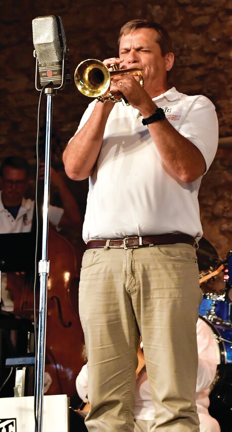 The Galena Foundation hosted an annual concert featuring Hunter Fuerste and his American Vintage Orchestra on Saturday, June 17. Here, Gary Kirst of Galena showed off his trumpet skills during his solo at the event.