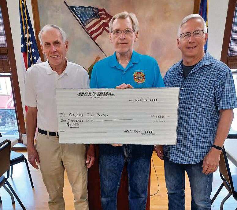 On Friday, June 16 the VFW donated $1,000 for the Galena Food Pantry for their Wednesday, July 26 Golf Outing. From left:  Bernie Ferry, Chairman for the Food Pantry Golf Outing, George Petitgout, VFW Commander, and Johnny O&rsquo;Shea, Galena Food Pantry Treasurer.