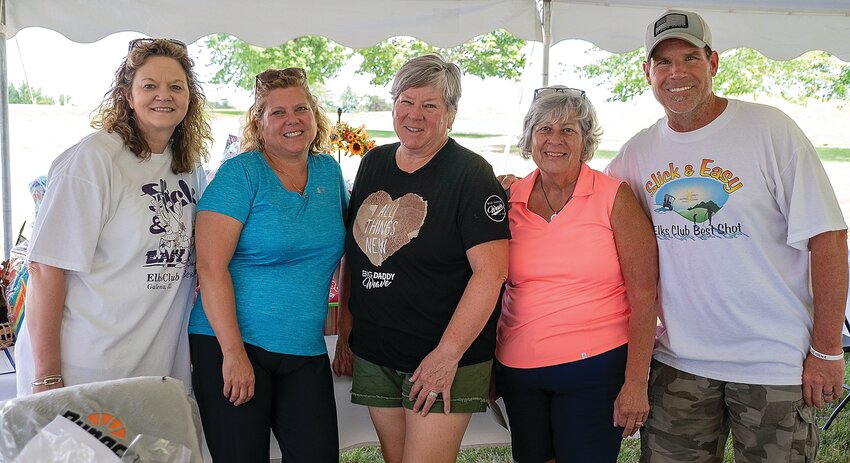 The annual Slick &amp; Easy Golf benefit was held Saturday, July 29 at the Galena Golf Course. The crew pictured here, (L-R) Nanette Glasgow, Wendy Einsweiler, Sue Minter, Tammy Stephensen and Bruce Glasgow, worked as a team putting together all the components necessary to hold the event. They did an excellent job breaking several records of participation with 36 teams comprised of 144 golfers, 56 hole sponsors and an enormous number of silent auction items. This year&rsquo;s proceeds will be shared between Galena area McIntyre and Berning families: Katie McIntyre, a Galena High School Drivers Education and Health teacher suffering from Acute Myeloid Leukemia and Beth Berning, a sixth-grade teacher at Drexler Middle School, Farley, Iowa, diagnosed with stage IV colon cancer.