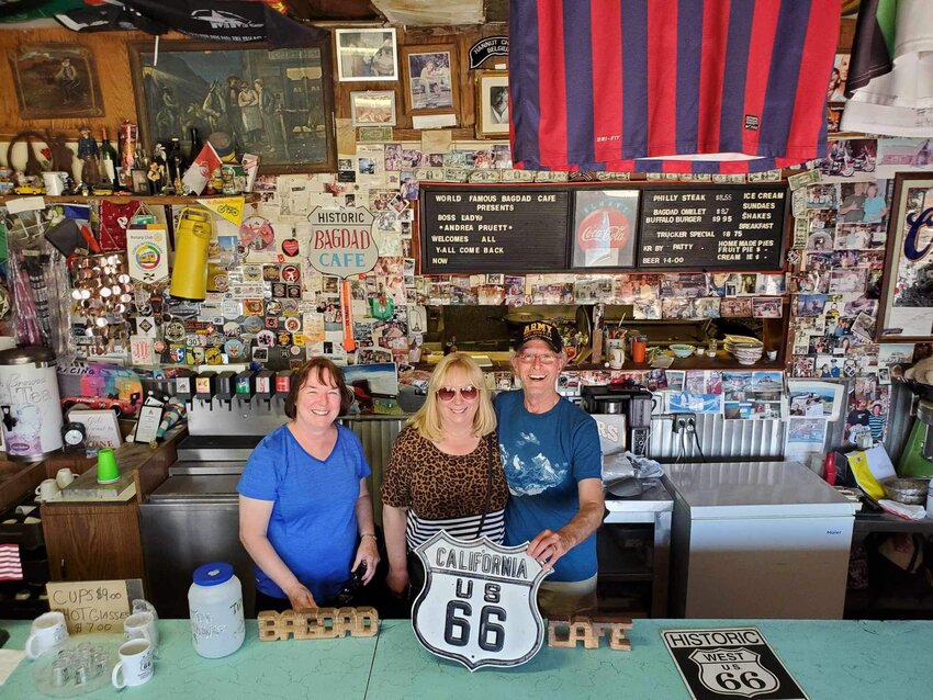 STOCKTON&ndash;The Stockton Heritage Museum will host a presentation by Ken and Sally Tucker with Linda Semande on their adventures traveling Route 66 during the pandemic in 2021. The presentation, &ldquo;Ken, Sally &amp; Linda&rsquo;s Excellent Adventure -- Getting Our Kicks on Route 66,&rdquo; will take place on Sunday, Sept. 17, 2023 at the Stockton Heritage Museum, 107 West Front Street, Stockton, at 2:00 p.m. Left to right: Linda Semande, Sally Tucker and Ken Tucker at Bagdad Cafe, Newberry Springs, Calif.