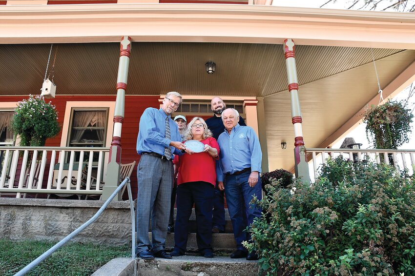 Cindy Pepple was presented the 2023 Historic Preservation Award at her home on Aug. 31. Back from left: Galena City Council Member Pam Bernstein and Galena Building Official Jonathan Miller. Front from left: Galena Historic Preservation Commission Chairperson Craig Brown, homeowner Cindy Pepple and Galena Mayor Terry Renner.