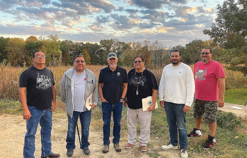 Members of the Meskwaki Nation and Sac and Fox Nation of Oklahoma visiting their ancestral homelands at Casper Bluff Land and Water Reserve with JDCF executive director Steve Barg last fall. From left: Mike Grass, Vance Brown, Steve Barg, Robert Williamson, Chris Boyd, and Sam Spang.