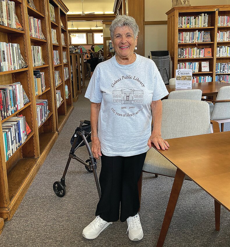 Lou Strobhar in her Friends of the Library t-shirt.