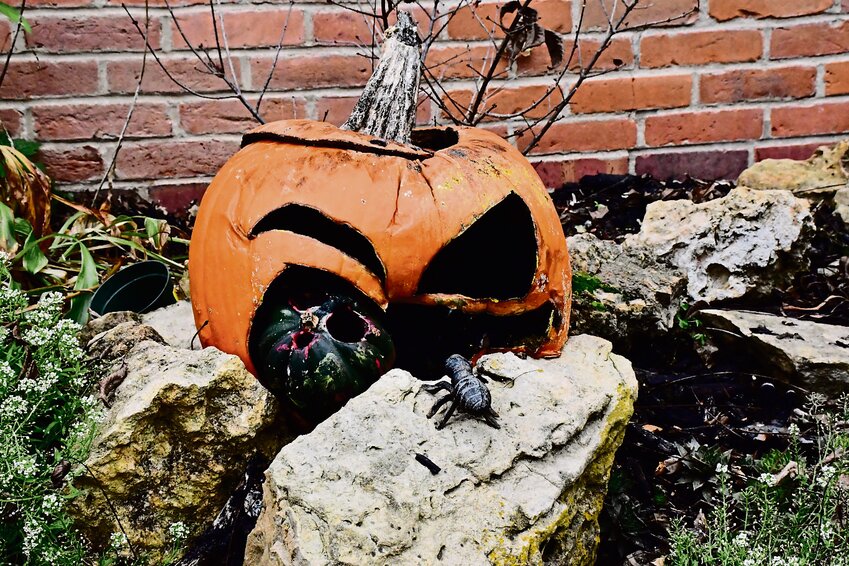 Left: Though Halloween is over, some pumpkins and other decorations are still lingering around Galena. Right: This pumpkin has tooth picks for teeth.