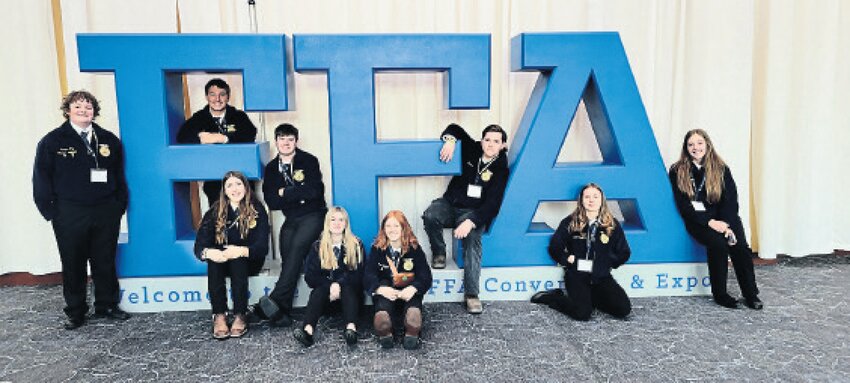 Nine members of the River Ridge FFA Chapter attended the 96th National FFA Convention in Indianapolis on Nov. 1 through Nov. 3. Over 60,000 people attended this year&rsquo;s convention which hosts a variety of events for the students to participate in. One of the events that the students enjoyed was the college fair which included universities, community colleges, technical colleges and private colleges from across the country. There was also a trade show with some of the biggest agriculture companies represented such as Merck Animal Health, Caterpillar, Lily Endowment Inc, Cargill, Bayer, Tractor Supply, John Deere, and Dow AgriSciences. Students had the opportunity to visit with these and many other companies throughout the week. In addition to the career and college fair, students went on tours of local agribusinesses.  They toured Ozark Fisheries, a koi and goldfish production facility in Indiana as well as Goat Milk Stuff. &ldquo;GMS&rdquo; is a working dairy goat farm that processes its fluid milk into over 40 different kinds of soaps, lip balms, toothpastes and detergents. It was a great experience for students to see the variety of careers within the agriculture industry. From left: Sawyer Fry, Lucas Holland, Berkeley Mensendike, Ty Spahn, Leah Spahn, Cora Ritchie, Thomas Harms, Brook Bradbury and Bindi Boop.