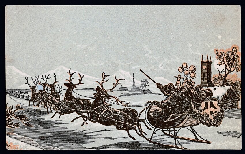 Santa on his annual mission with the reindeer towing his sleigh. Source: Wikimedia Commons, wood  engraving c. 1880