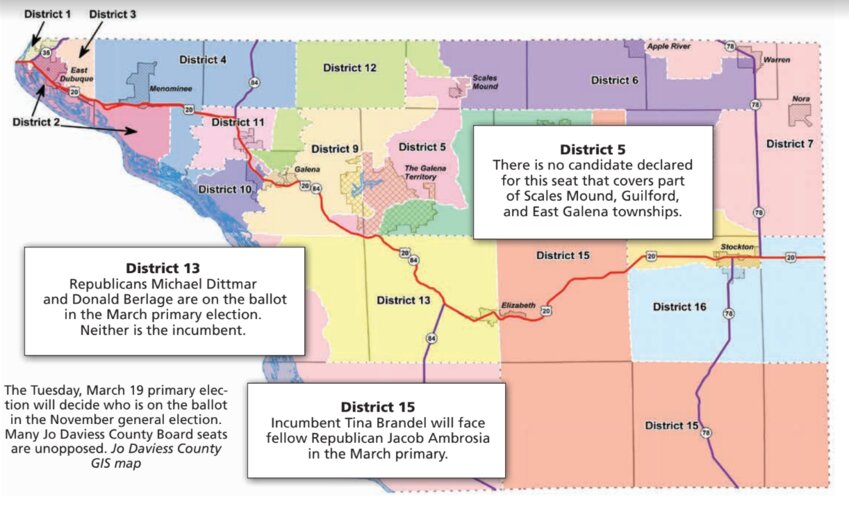 The Tuesday, March 19 primary election will decide who is on the ballot in the November general election. Many Jo Daviess County Board seats are unopposed. Jo Daviess County GIS map