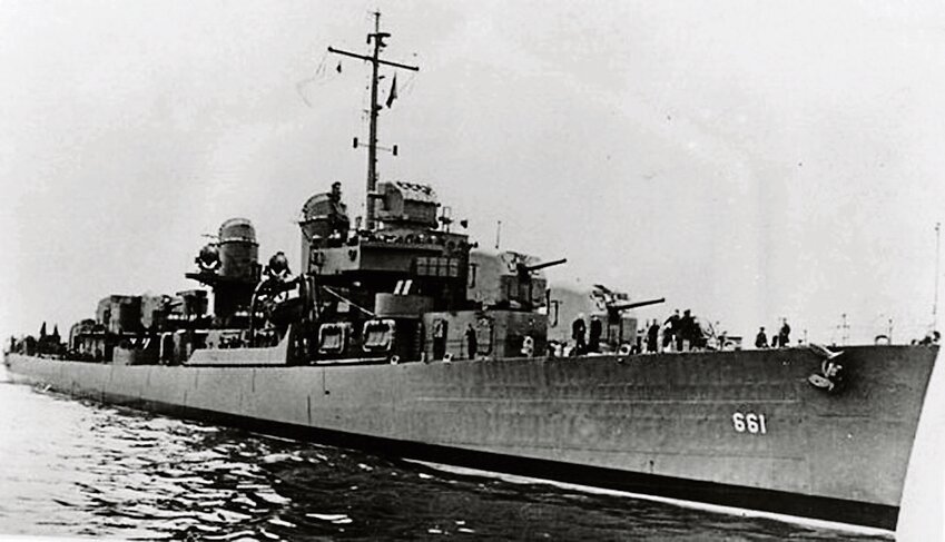 The U.S. Navy destroyer USS Kidd (DD-661) underway, circa at the time of its commissioning in April 1943. Note that the radars have not yet been installed.