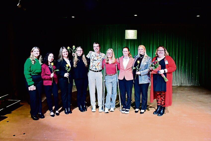 The Galena Speech team had a showcase event at the Galena Center for the Arts a couple of days before they headed to regionals. From left, Sabine Blaum, Liliana Asta, Julia Dominiak, Madison Wild, Charles Duncan, Adison Leitzinger, Sophia Wachter, Emma Blaum, Speech Coach Susan Bookless.