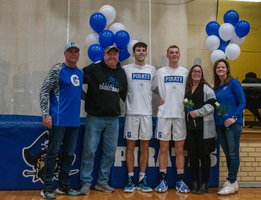 Galena senior basketball players were honored along with their parents at the final home game of the season on Feb. 15. Pictured, from left: Bruce Glasgow, Chad Heller, Connor Glasgow, Joe Heller, Lynn Heller and Nanette Glasgow.