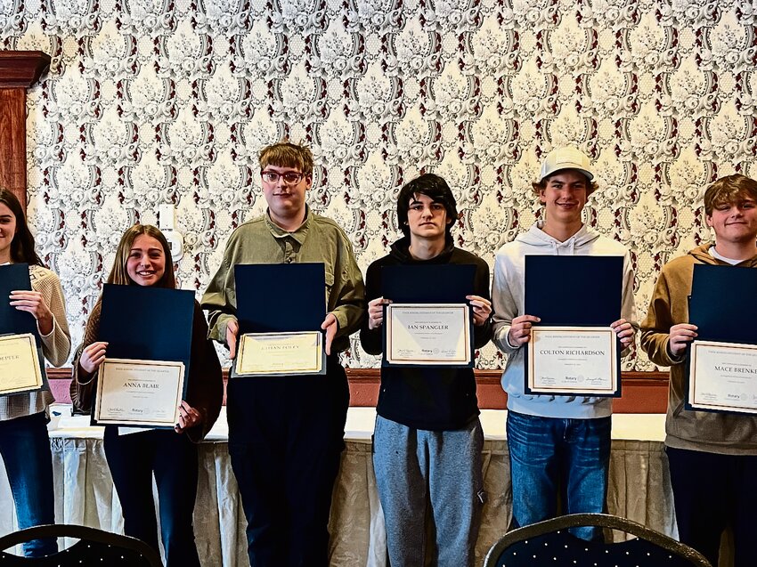 The Rotary Club of Galena honored six area high school sophomores with the Paul Kindig Student of the Quarter Award on Feb. 16. They are, from left, Tarynn Toepfer, Warren; Anna Blair, Stockton; Ethan Foley, Scales Mound; Ian Spangler, River Ridge; Colton Richardson, Galena; and Mace Brenke, East Dubuque.