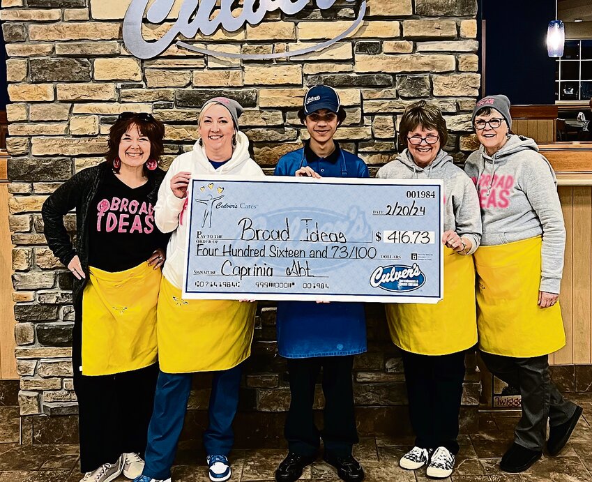 Culver&rsquo;s of Galena hosted Broad Ideas for Share Night on Feb. 20. A total of $416.73 was raised for Broad Ideas, with $109.36 in cash donations and $307.37 from sales. Pictured above from left are: Cindy Tegtmeyer, Irene Thraen-Borowski, Jaydon Williams, Nancy Schuldt and Connie Warnsing.