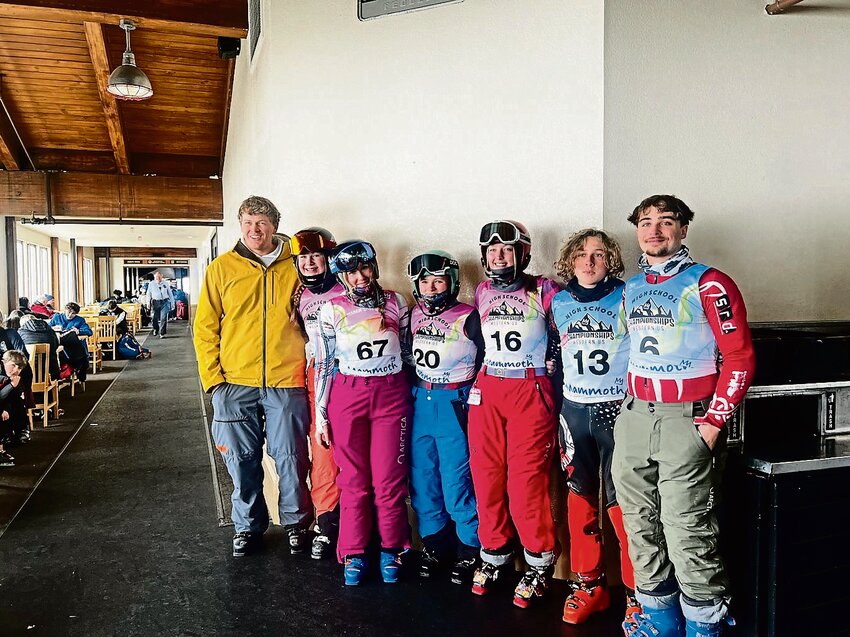 A team of Illinois high school ski racers headed out to Mammoth, Calif., for the Western US High School Championships on March 12-14. Pictured above at the top left, local members of the inaugural team: Coach Carter Flack, Millie Boden, Avery Ziegler, Ella Dodds, Morgan Flynn, Colin Egan and Andrew Scheffler. Boden and Flynn attend River Ridge High School and Dodds and Ziegler attend Galena High School. Egan and Scheffler sprout from further south as Scheffler is a Dixon Duke and Egan is from Prophetstown.