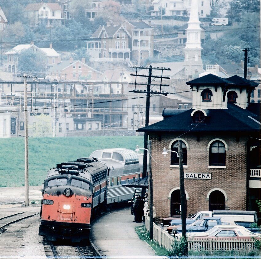 The Amtrak train arriving at the Galena depot in May, 1980.