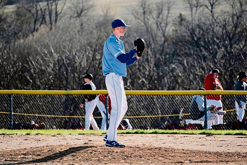 Joey Heller prepares to hurl a pitch during the fourth inning of Galena&rsquo;s matchup against the Fulton Steamers on Friday, April 5. The senior threw for five innings, surrendering only two earned runs in the Pirates&rsquo; 2-6 defeat at Wienen Field.