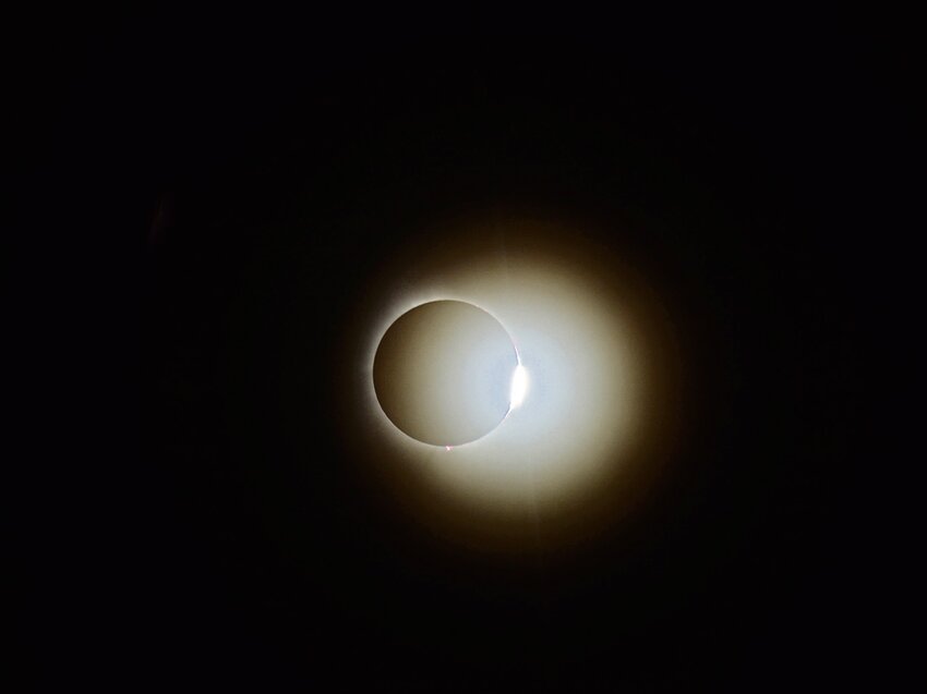 The diamond ring effect during the solar eclipse of April 8, as viewed from Martinsville. The totality lasted approximately 2.5 minutes there.